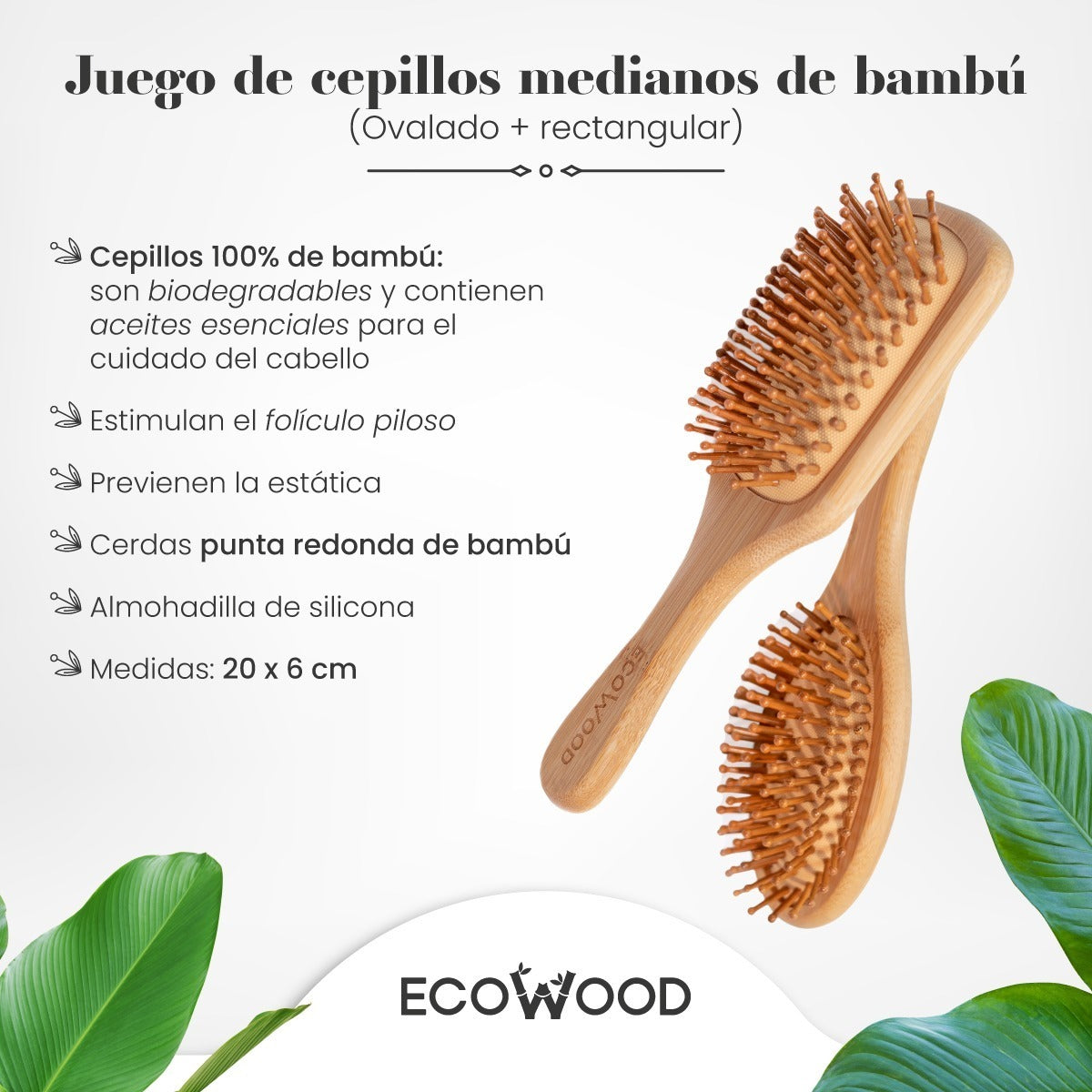 2 pack de Cepillos Medianos de Bambú para Cabello: Ovalado y Rectangular