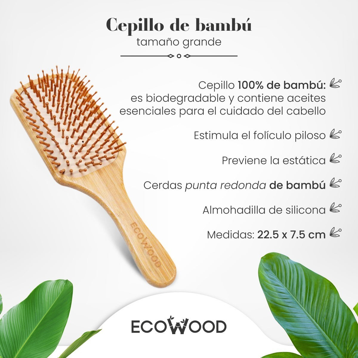 Ecowood Cepillo De Bambú Para Cabello Punta Rectangular